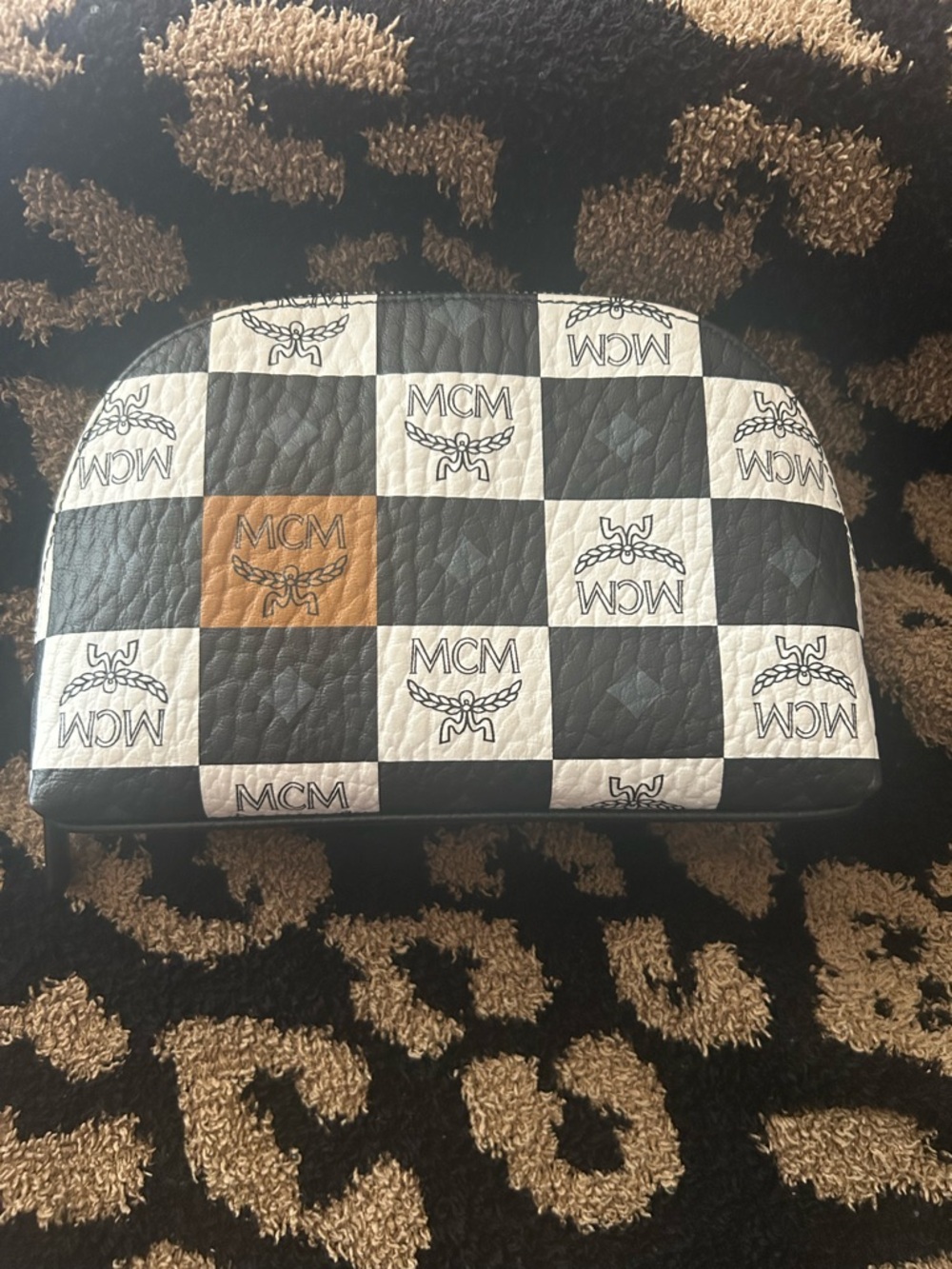 MCM 150th Anniversary Checkered Cosmetic Pouch Aren Visetos Black & White